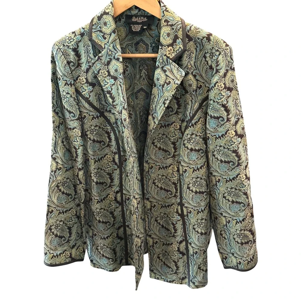 Peck & Peck Woman Paisley Tapestry Blazer Blue Teal Gold Plus Size 16W Jacket